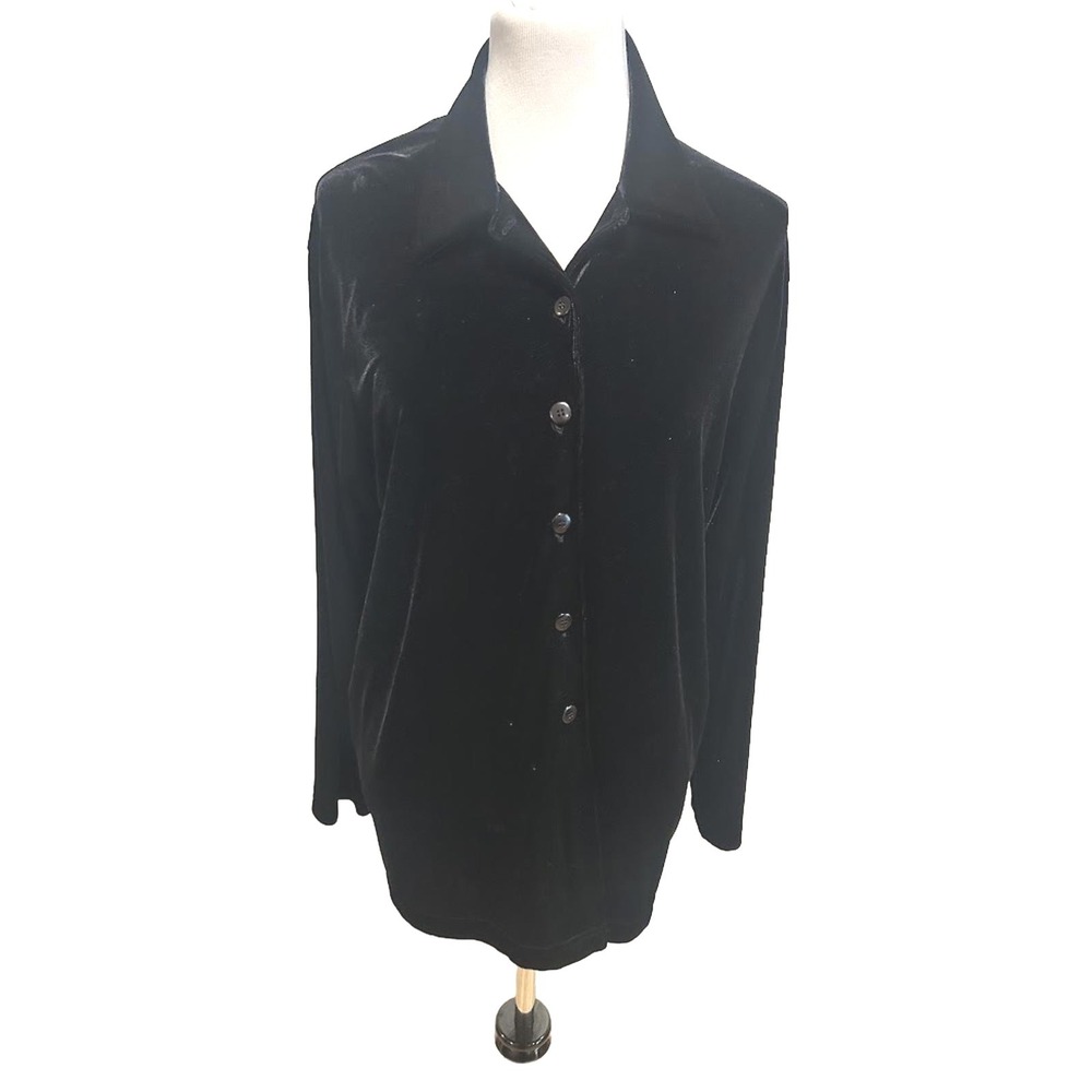 Jennifer Moore Petites‎ Black Velvet Button Down Shirt Long Sleeve Blouse PL